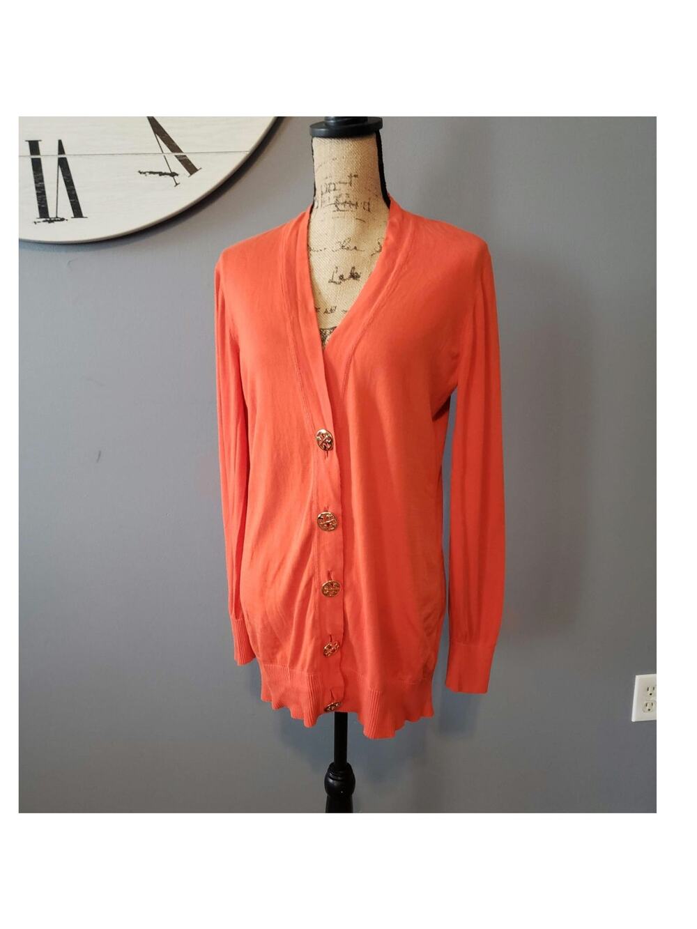 Tory Burch 100% cotton orange long sleeve cardigan sweater logo button front S